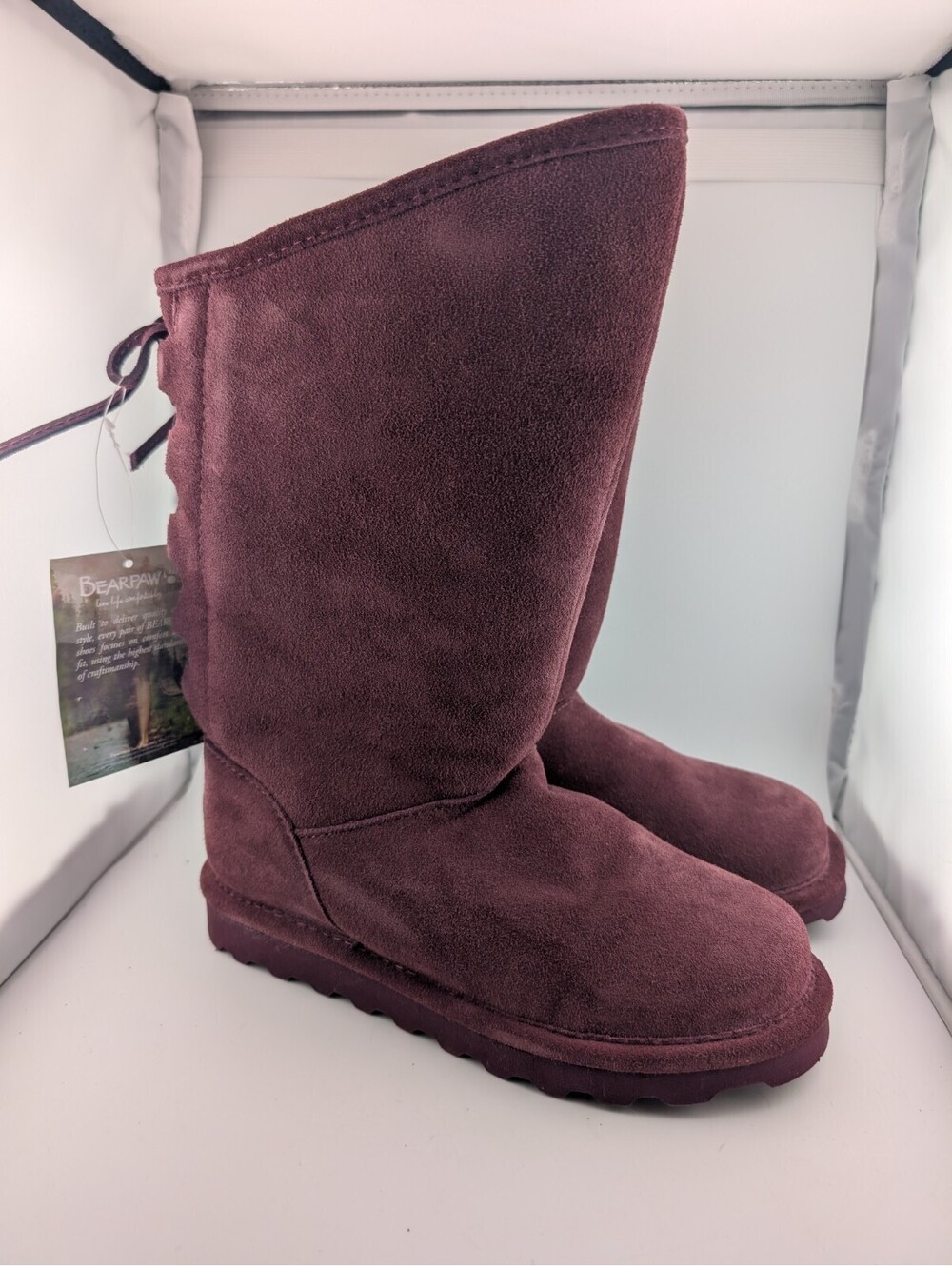 Bearpaw Women's Size 7 Phylly Suede Boots Wine Mauve Tall Angled Top Shearling